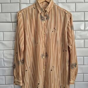 Ladies Vintage Tan Beige Floral Print Button Front Blouse Long Sleeve Polyester